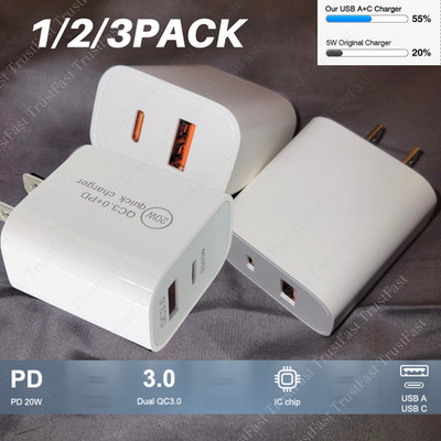 20W Dual Port QC USB A /PD Typee C Charger Adapter Fast Charger Block Cube Lot