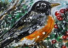 ORIGINAL ACEO PAINTING American ROBIN Winter BIRD Snow Animal Nature ATC ART