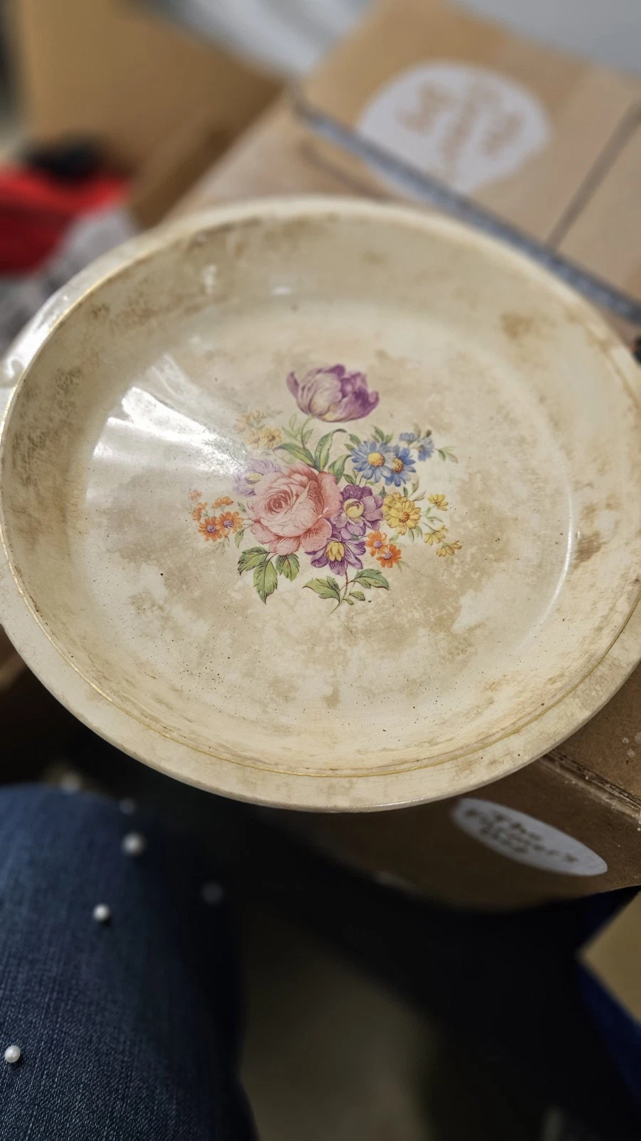 Vintage 1930s Ceramic Pie Dish - Pink Floral - Weathered, Aged and Well Loved