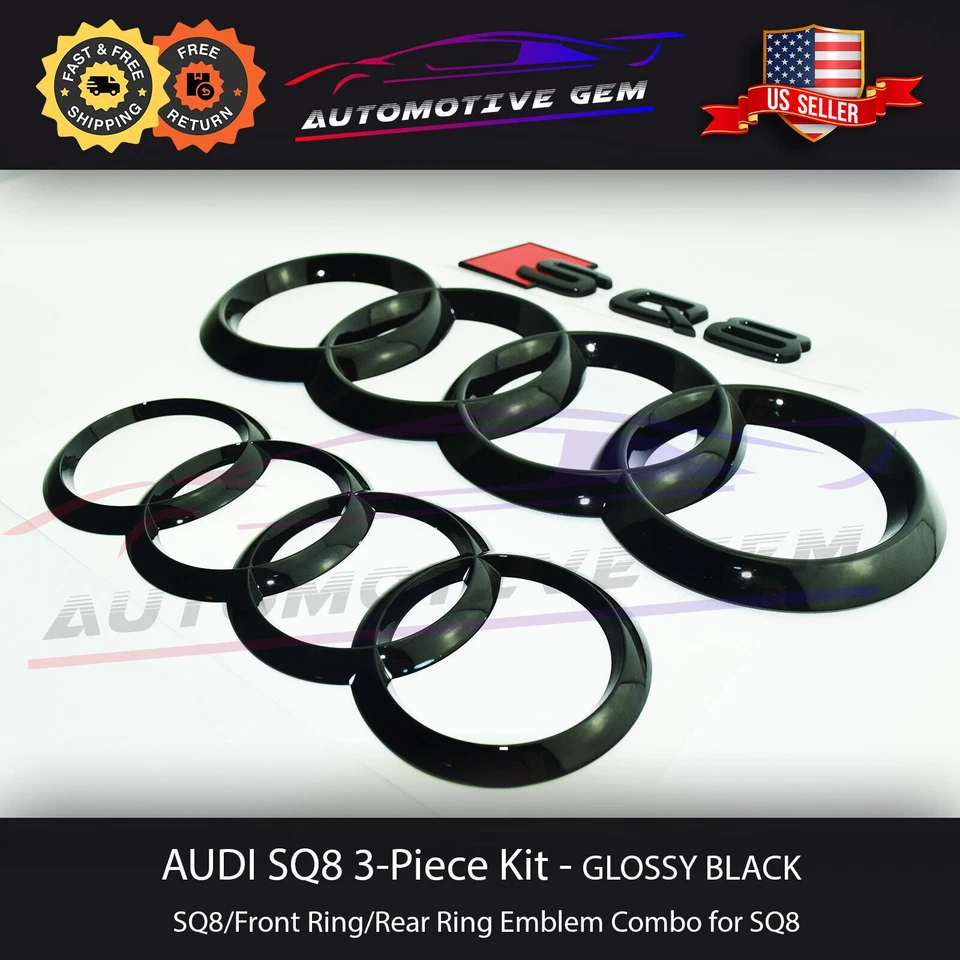 NUEVO AUDI SQ8 Emblema NEGRO BRILLANTE Parrilla Delantera Anillo Trasero Logo Insignia SLine Kit Foto 2 de 2