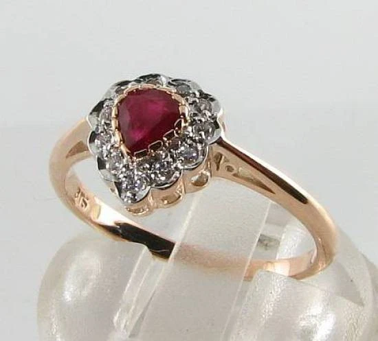 9CT 9K Oro Rosa Rubí Corazón Cluster Halo Diamante Anillo Art Deco Talla Libre