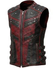 Handmade Black Red Leather Vest Gothic Steampunk Biker Motorcycle Waistcoat