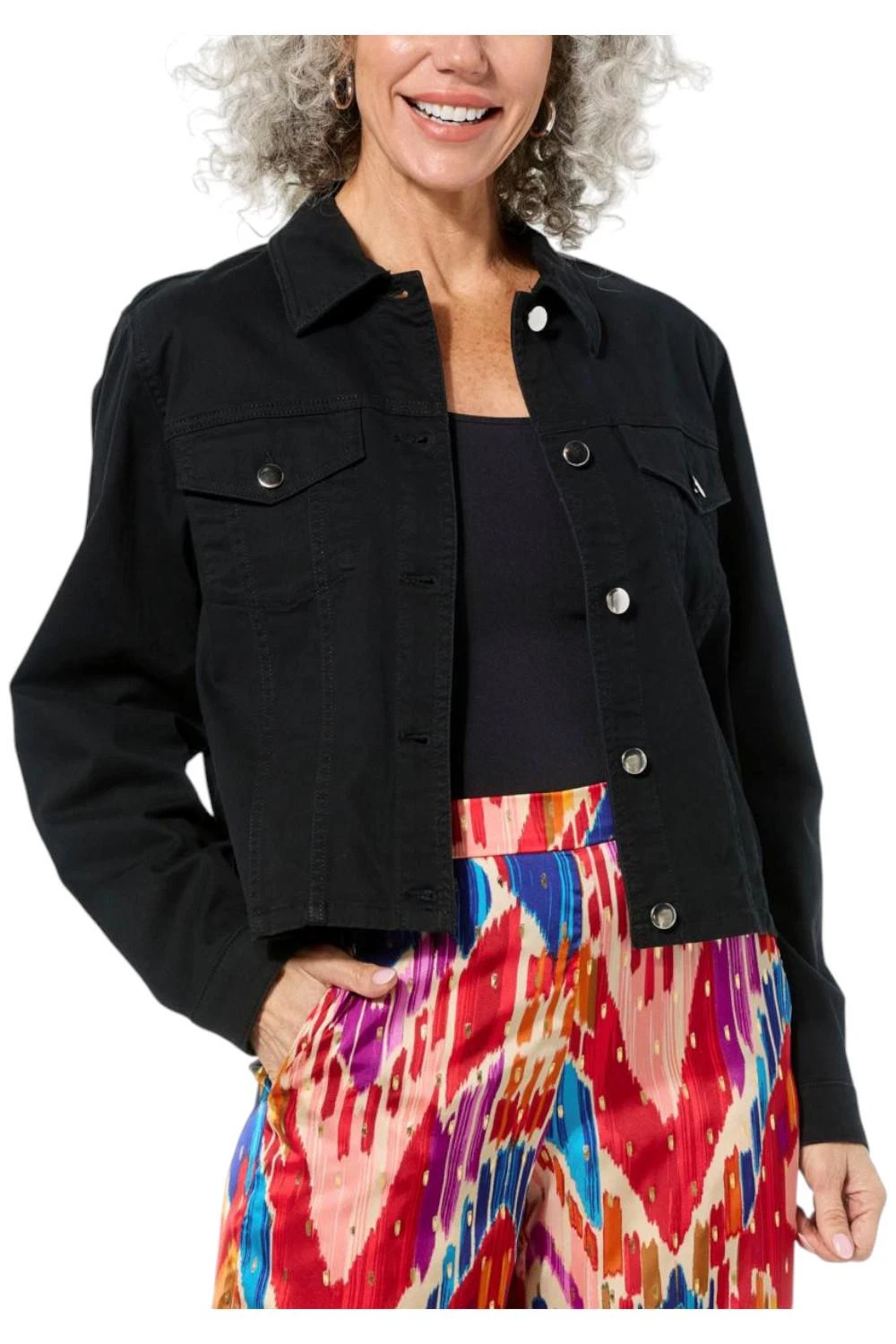 IMAN Women's Global Chic Cropped Denim Jacket with Back Elastic Black