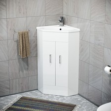 Nes Home White Corner Vanity Unit with Ceramic Basin, Square Mixer Tap and Waste