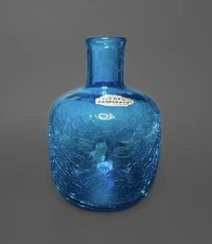 Vintage Blenko Blue Crackle Vase Hand Blown Small