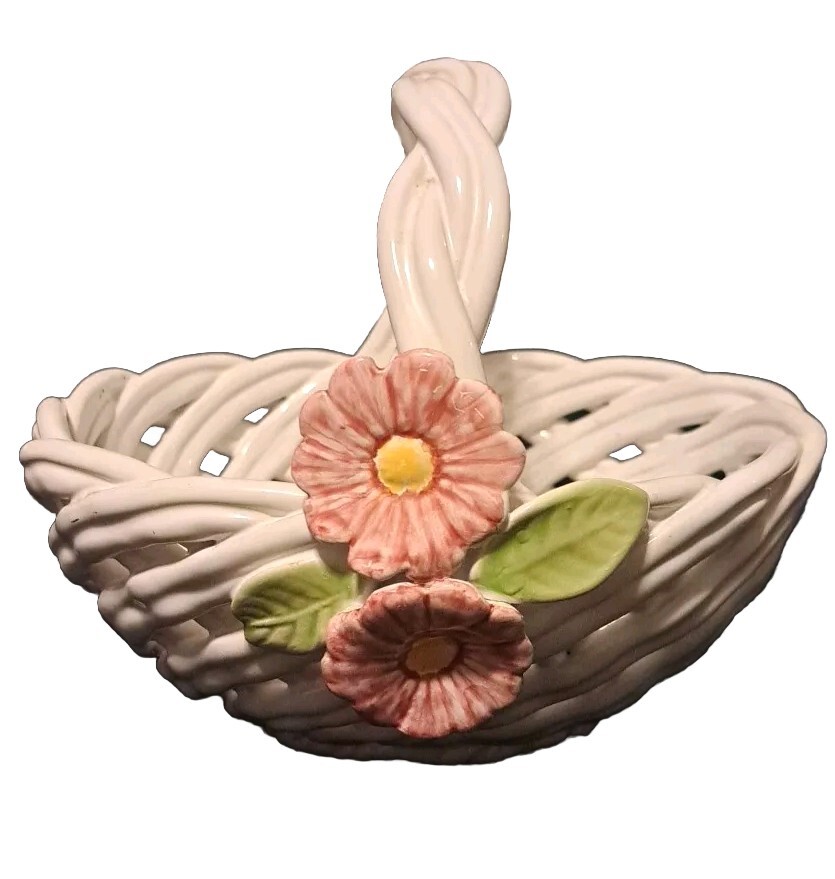 Vintage White Ceramic Woven Basket With Hand-painted Flowers | eBay