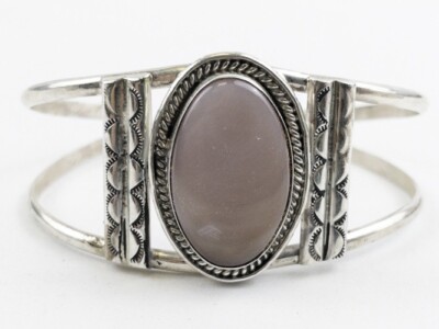 Vintage Navajo Style Silver Cuff Bracelet   Etched Design with Pink Cabochon