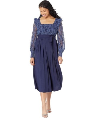 Little Mistress Belle Midi Dress Womens 10 Blue Pleated Sheer Puff Sleeve JDM834