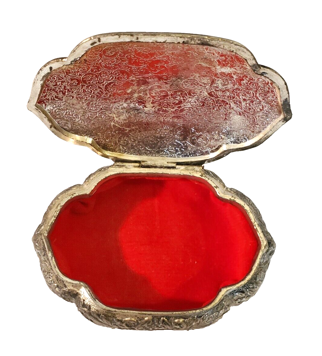 VTG Silver Tone Metal Embossed Jewelry Box Red Lined Footed eBay