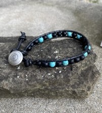 Men's Turquoise and Matte Black 6mm Bead Wrap Leather Bracelet Surfer Wristband