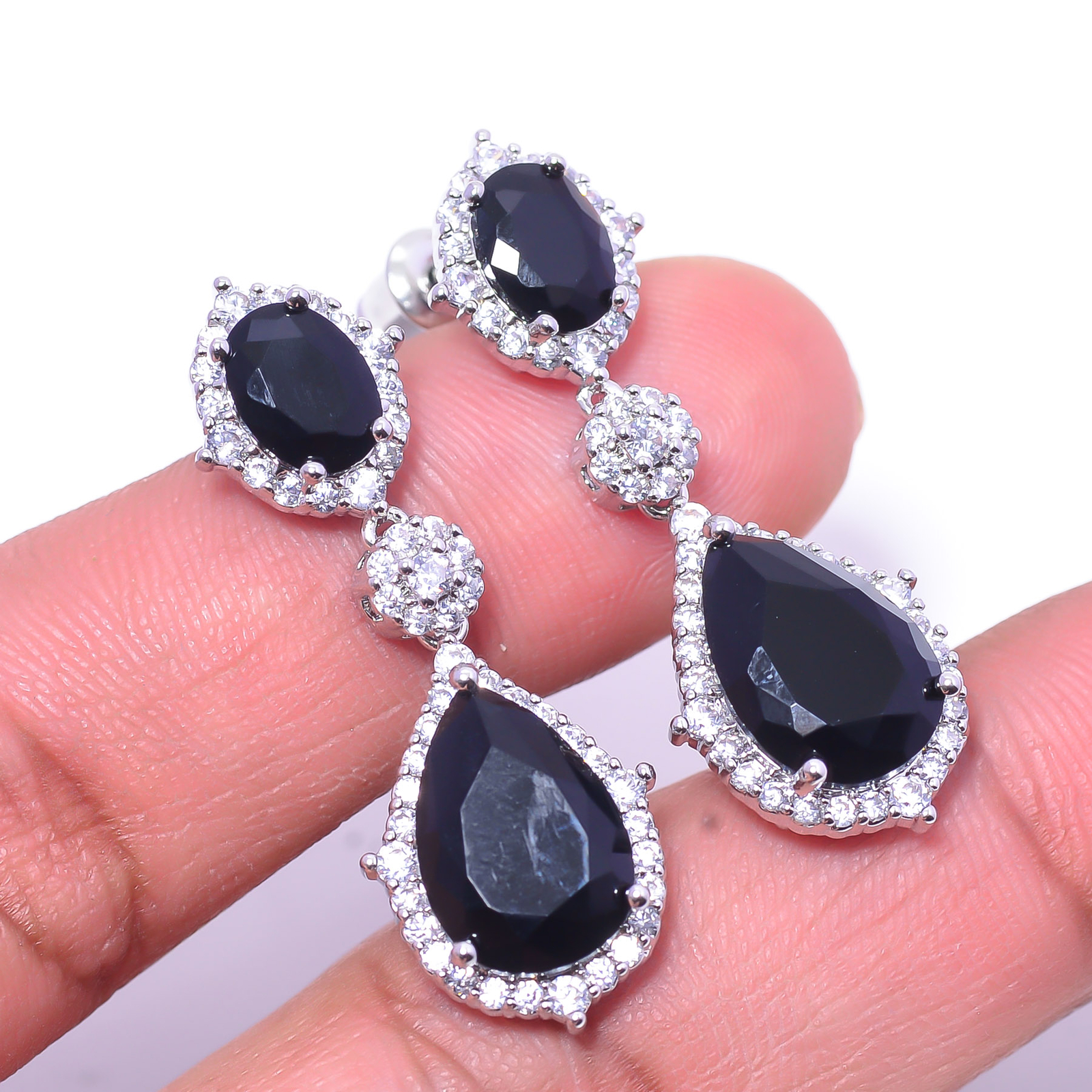 Black Onyx & Cubic Zirconia Gemstone 925 Sterling Silver Earring 1.37