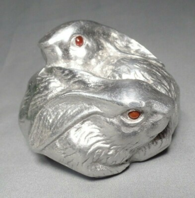 2 Bunnies Cuddling Pewter Snuggling Rabbits ''Red'' Eyes 3 Inches Across
