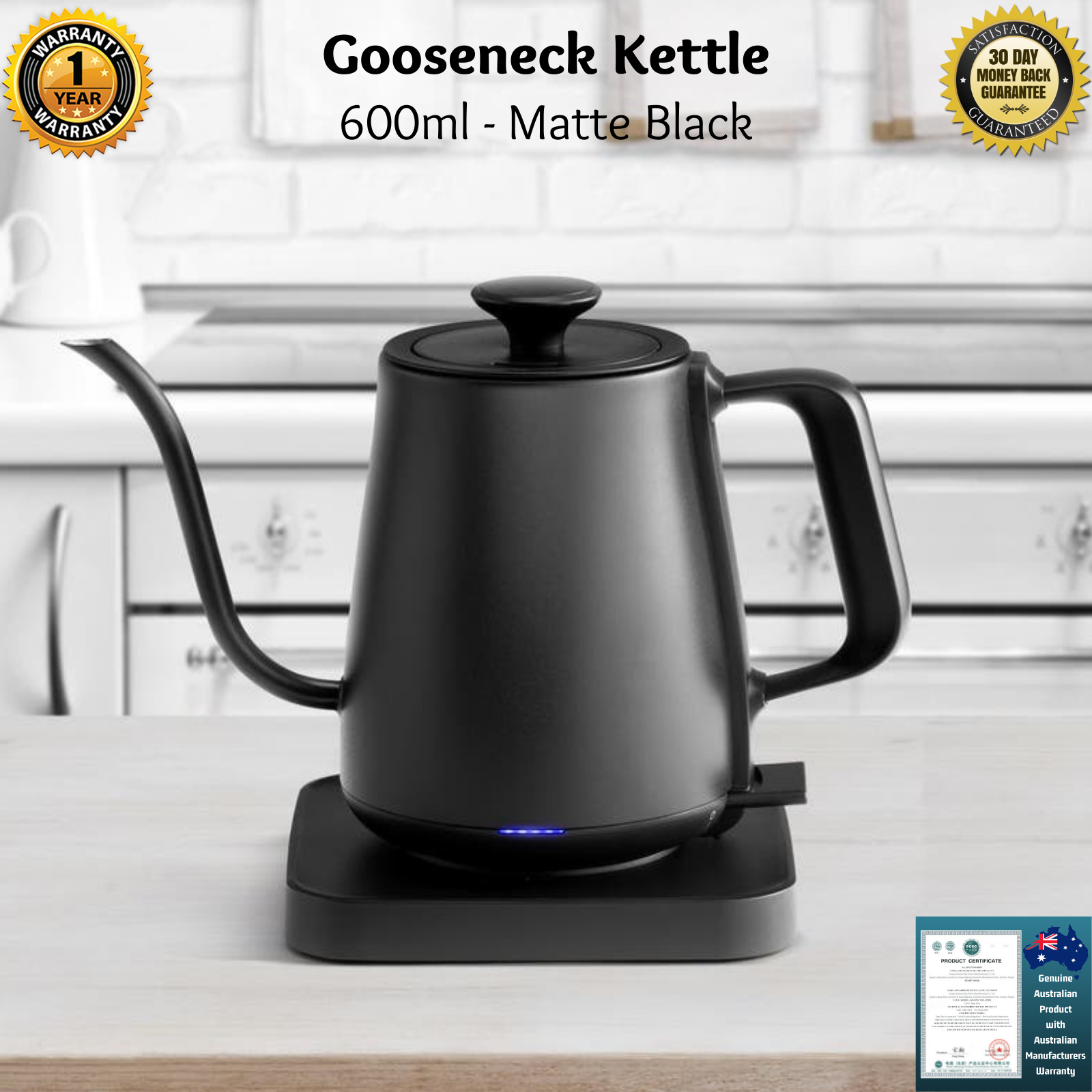 Kogan Electric Gooseneck Kettle (Matte Black) AUS 600mL LED Light Water