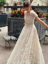 Boho A-Line Wedding Dresses Round Neck Short Sleeved Lace Applique Bridal Gowns