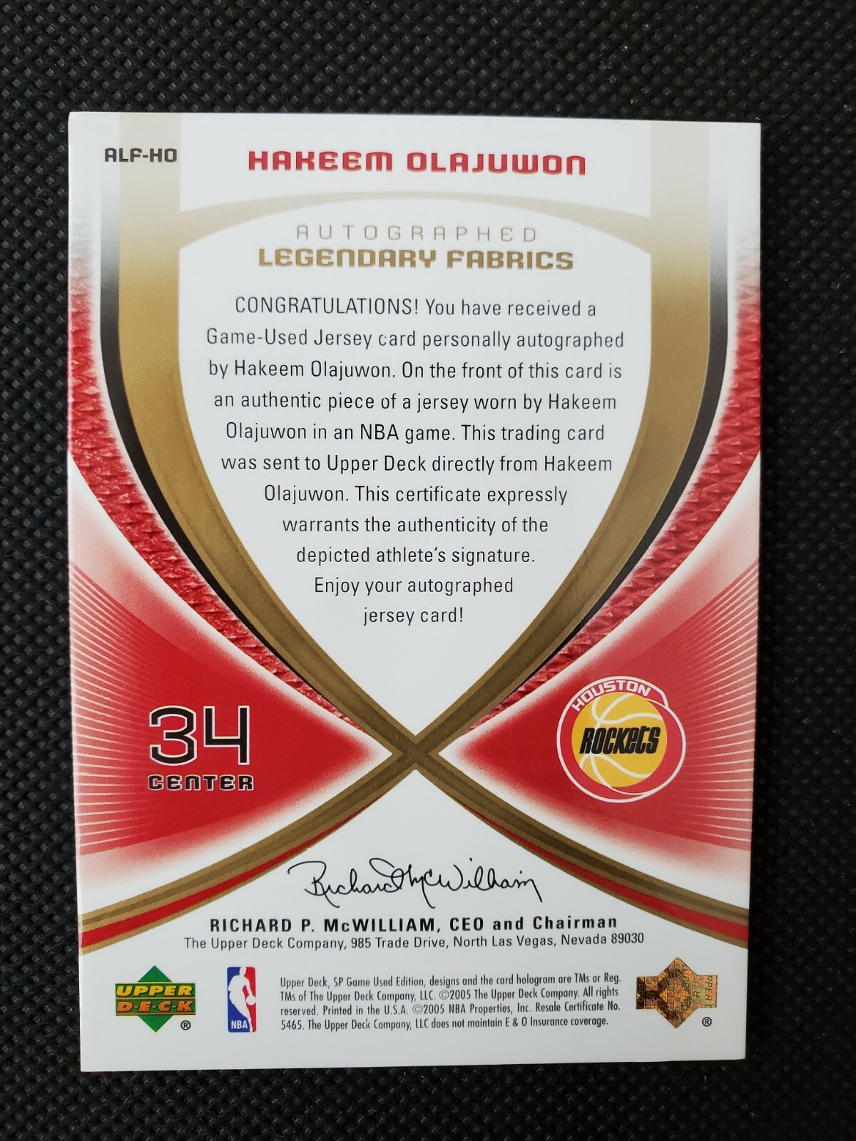 2005-06 HAKEEM OLAJUWON SP GAME USED SPGU LEGENDARY AUTO FABRICS INSERT #23/50! view 8