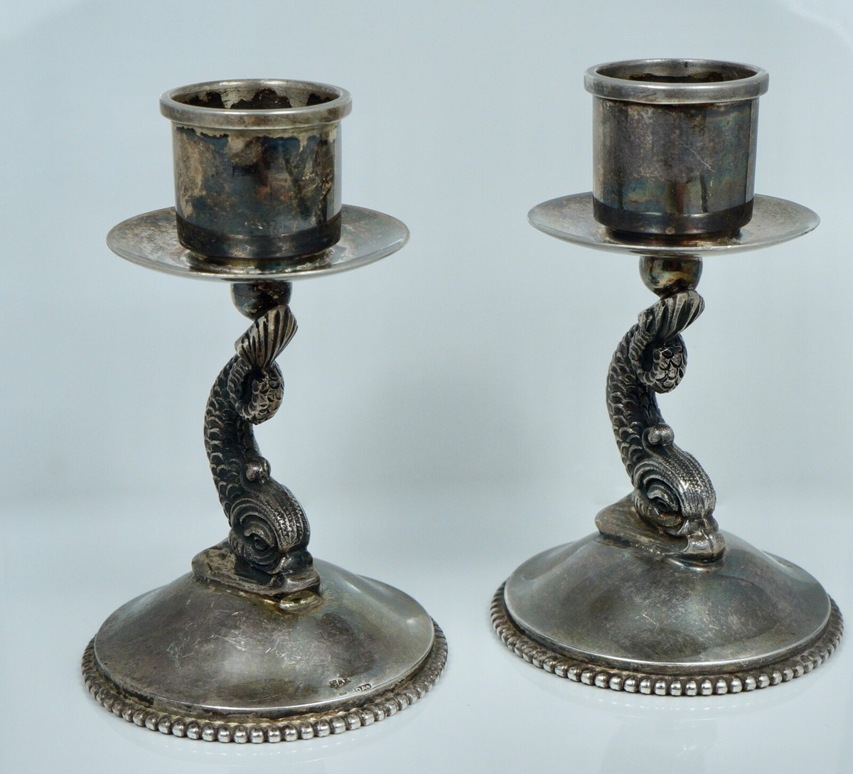 Vintage Dutch 835 Silver Dolphin Sea Monster Candlesticks Figural
