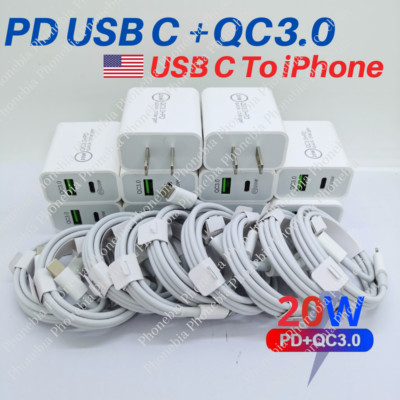 USB C Fast Wall Charger 20W PD Type C Adapter Cable For iPhone 14/13/12/11/8 Lot