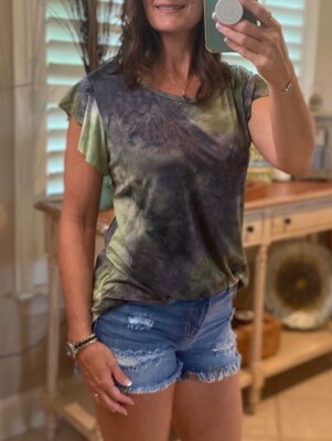 Tie Dye Short Flutter Sleeve Round Neck Bottom Retro 70s Top Green Multi