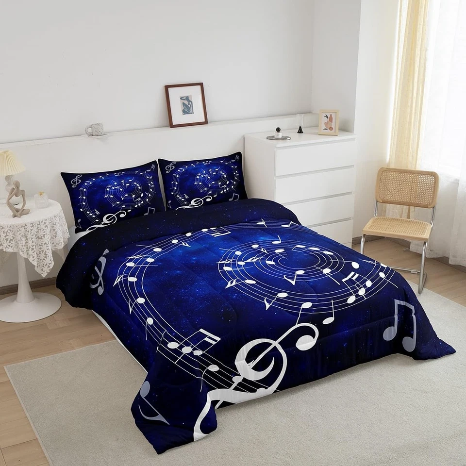 Juego de edredón Music Note Swirl tamaño completo azul cielo estrellado juego de ropa de cama para adultos... Foto 3 de 4