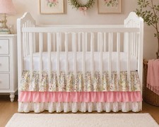 Carousel Designs Custom Triple Ruffle Crib Skirt Pink Floral Cottage Nursery