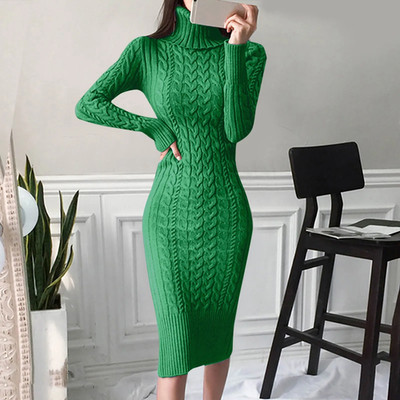 Autumn and Winter Womens Long Sleeve Turtleneck Sweater Dresses Warm Knitted Bod