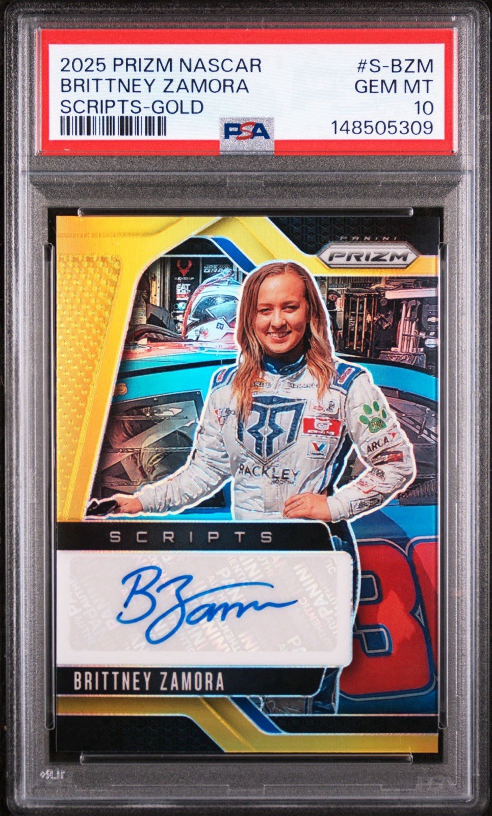 2025 Panini Prizm NASCAR Racing Brittney Zamora Gold Auto SP /10 PSA 10 Gem Mint