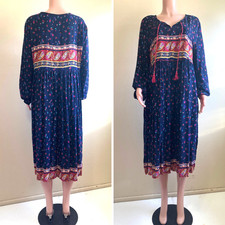 Expressions Boho Dress 2X Plus Afghani Rayon Navy Red Floral Contrast Border LS