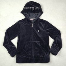 Juicy Couture Youth Kids Girls Medium 8-10 Black Velour Full Zip Hooded Jacket