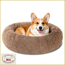 Dog Calming Bed - Round Donut, Washable, Anti-Slip, Faux Fur for All Dogs