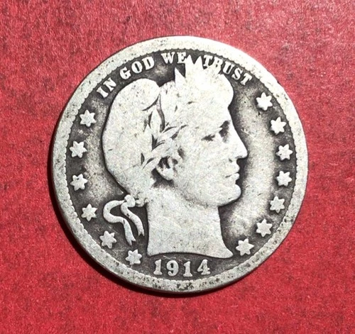 1914D US Barber SILVER Quarter "Denver" Mint! Old US Coin!