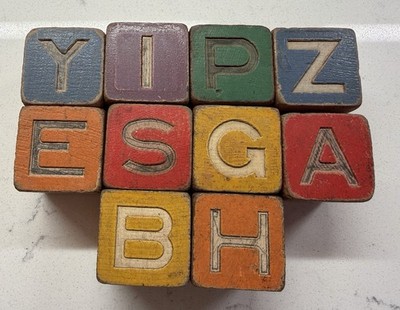 Antique Primitive Wooden Alphabet Blocks Hand Painted Carved Letters 10 Pc.