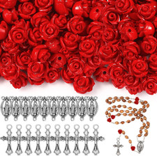Sureio 140 Pcs Rosary Making Supplies Carved Rose Beads Flower Beads Kit Cross C