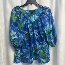 Lauren Ralph Lauren Women’s 100% Silk Blue Floral Abstract Blouse Cottagecore