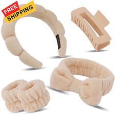 Canitor Spa Headband Wristband Set with Hair Clips Skincare Headbands khaki