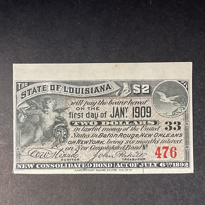 #ad 1909 $2 New Consolidated Bond Baton Rouge New Orleans New York #476 Coupon #33 $19.99