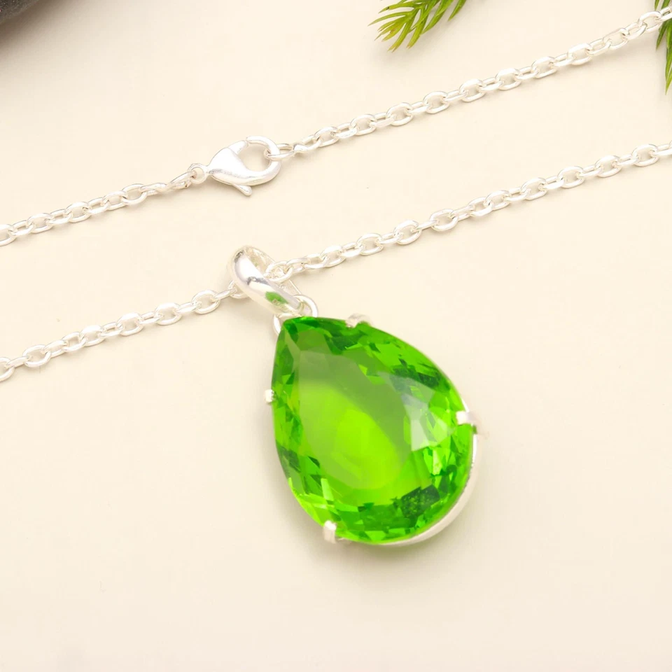 Colgante de cuarzo peridoto natural en forma de pera de plata maciza 925 colgante para ella Foto 4 de 4