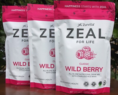 *3-Pack* Zurvita Zeal 30-Day Wellness Bag, (3X) 420 Grams, Classic Wild Berry