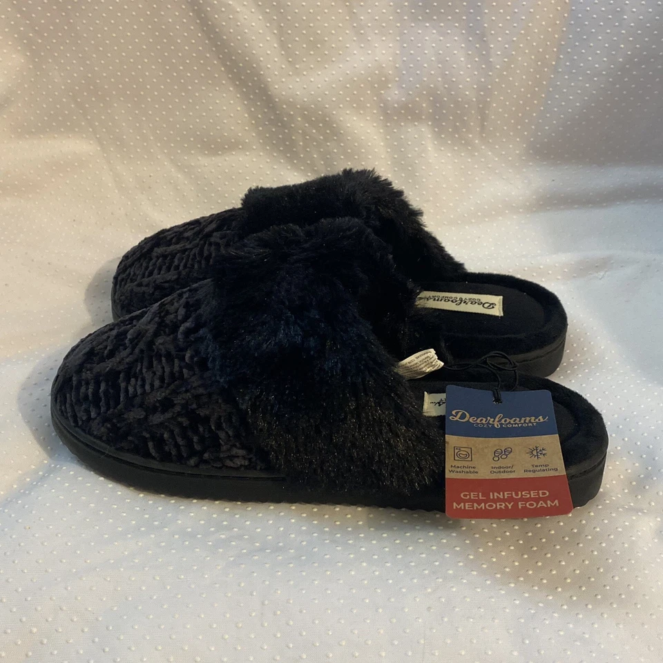 DearFoams черный пушистый тапочки женский размер 5-6 поскользнуться на новый - Изображение 3 из 4