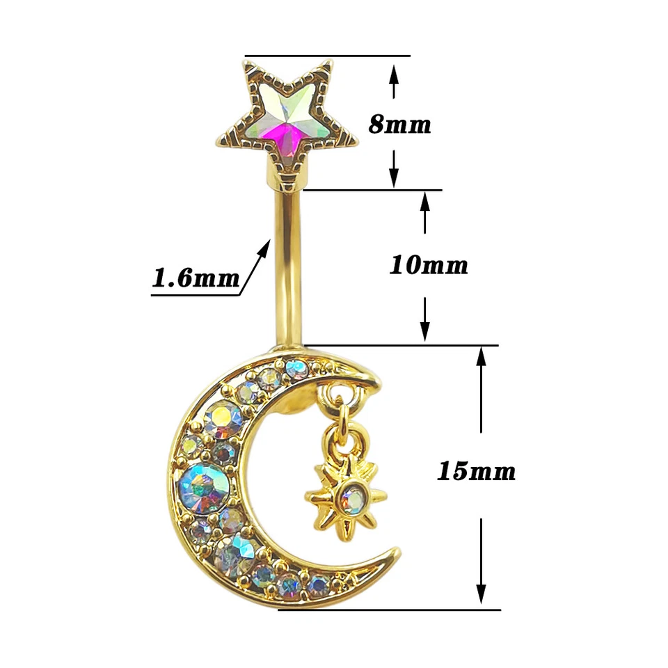 PTOP 14G Gold Belly Button Rings Dangle Moon Star Navel Piercing Jewelry Foto 2 de 4
