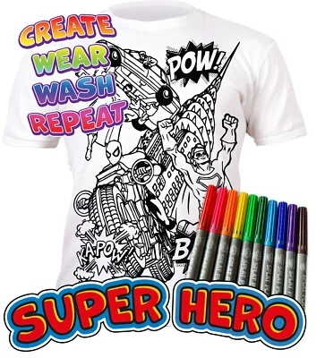 Splat Planet Colour-in Superhero T-Shirt 10 Magic Pens-Colour-in and Wash Out