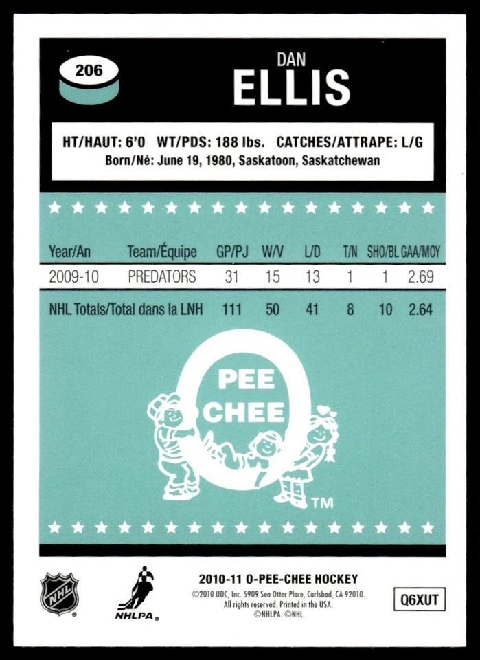 2010-11 O-Pee-Chee Retro Rainbow Dan Ellis Tampa Bay Lightning #206 R112 - Image 2 of 2