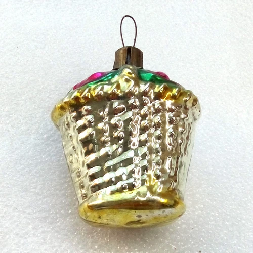 Old Vintage Glass X-mas Christmas Fir-Tree Ornament Decoration Basket w Flowers