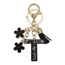Alphabet Initial Letter Keychain Cute Charm w/ Tassel Flower Letter T Black