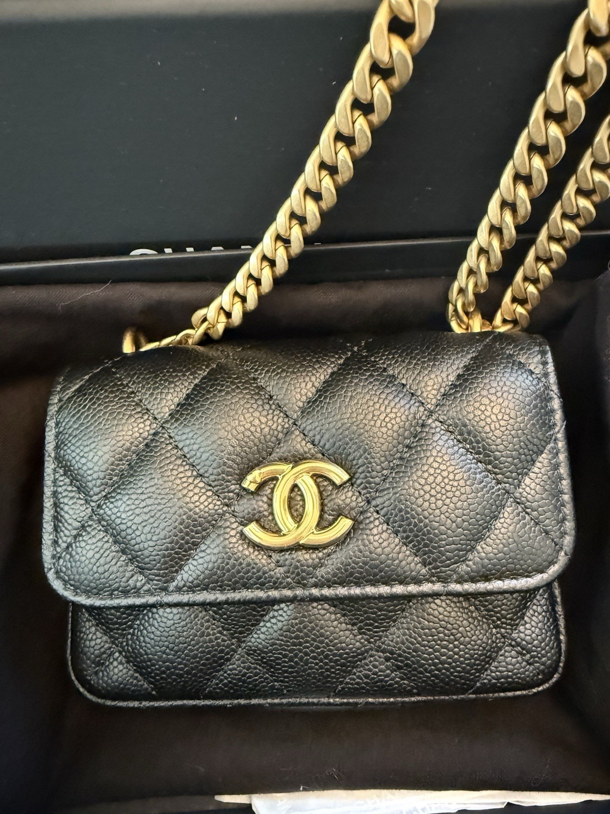 Chanel Black Caviar Heart Adjustable Strap Chain Micro Bag with Gold Hardware