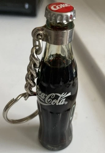 Vintage Coca-Cola Glass Bottle Keychain Filled w/ Liquid 3" Tall Coke Bottlecap