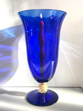 GRANDE VASO PORTACANDELA VETRO BLU MURANO DESIGN FOGLIA ORO h 32 cm VASE ITALIA