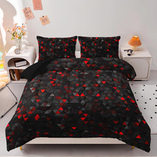 Geometric Red Black Comforter Set,Triangle Honeycomb 3 PCS Bedding Set King Size
