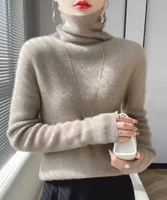 Tricot Col Roulé Beige Cachemire Pull Femme Manches Longues Hiver Taille Unique - Photo 1/2