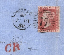 GB CALEDONIAN RAILWAY QV 1d Cover *RED* TPO London 77 Duplex 1858 Scotland WT165