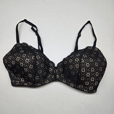 Aerie Women Bra 34D Black Outer Beige Lining Floral T Shirt Wireless Lace